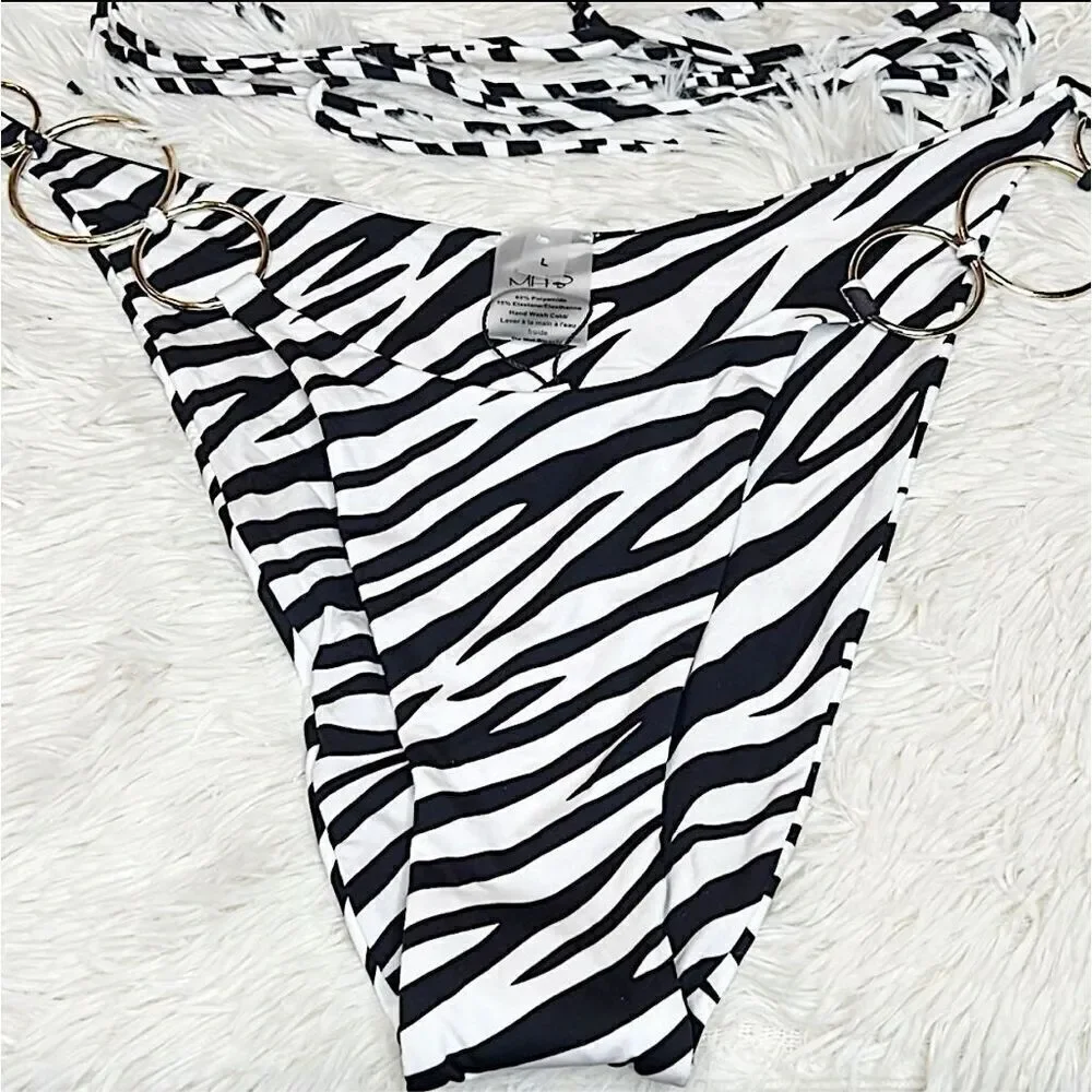 Monica Hansen Beachwear Zebra Print Triangle O-Ring Bikini Set Girl On Fire Larg